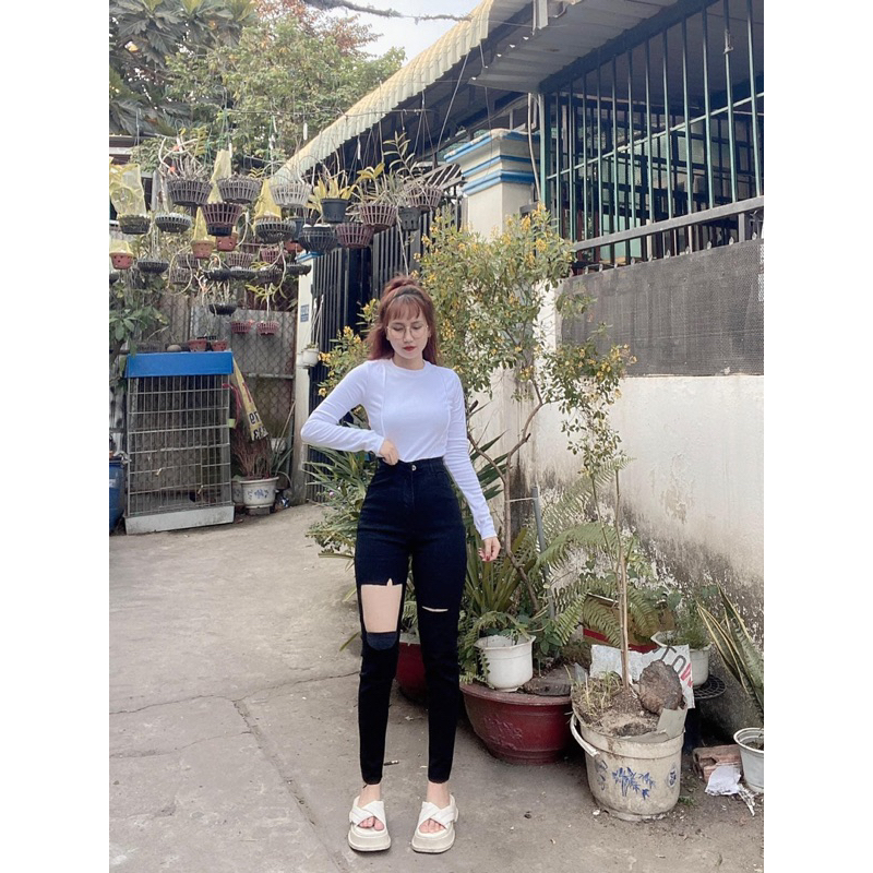 Set Jeans dài đen co giãn rách ô+ áo cổ tròn tay dài HOT