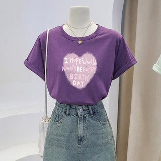 Áo thun nữ form vừa màu tím, In hình TIM HỒNG, chất vải cotton 100% thoáng mát, co giãn 4 chiều, mềm mịn.