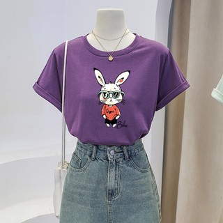 Áo thun nữ form vừa màu tím , In hình THỎ TRẮNG, chất vải cotton 100% thoáng mát, co giãn 4 chiều, mềm mịn.