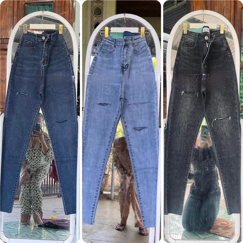 Jeans dài lưng cao co giãn rách PT