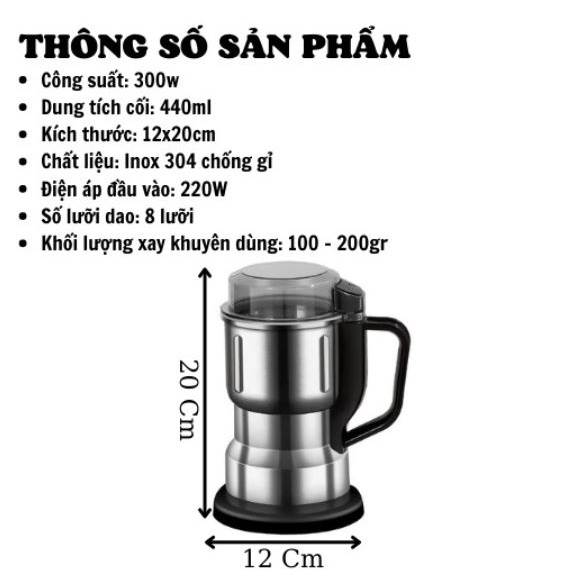 Máy xay hạt khô, máy xay bột ngũ cốc, cafe, thảo dược công suất 300w, 6 lưỡi dao cực bén, chất liệu cối inox