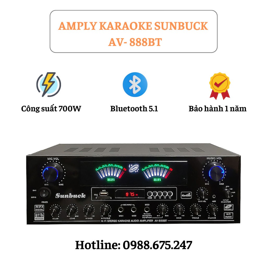 Amply bluetooth Sunbuck AV- 888BT, amply karaoke chính hãng công suất lớn, âm bass siêu trầm, bảo hành 12 tháng