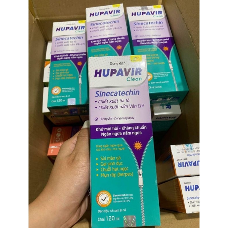 (Che sp khi giao).Dung Dịch vệ sinh Hupavir sinecatechin Clean 120ml hỗ trợ sùi mào gà, gai.