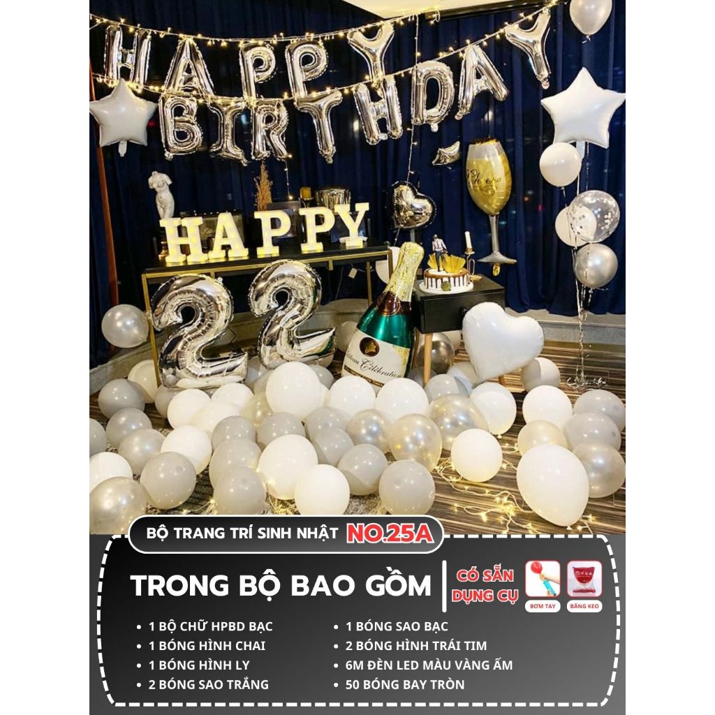 Set trang trí sinh nhật cho người lớn tone màu trắng, đen, bạc - bộ trang trí sinh nhật đầy đủ phụ kiện