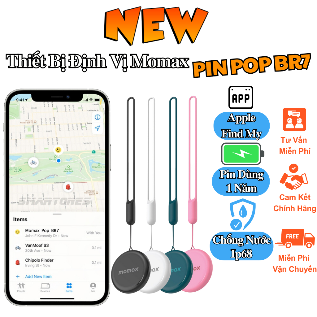Thiết Bị Định Vị Momax PINPOP BR7, Chống Nước Ip68, Định Vị Mọi Khoảng Cách, Pin Dùng Được 1 Năm, Ch