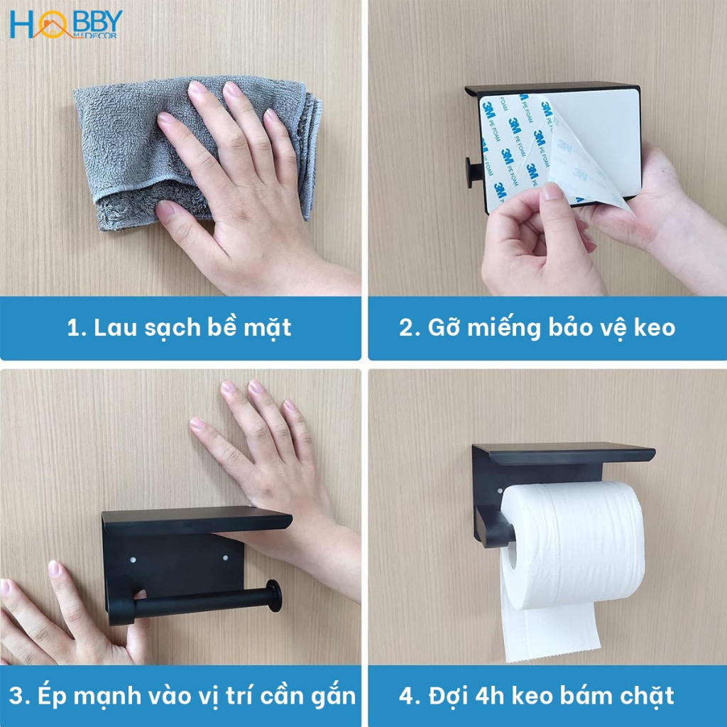 Kệ để giấy toilet có mái che Inox 304 sơn đen Hobby home decor G22 dán tường