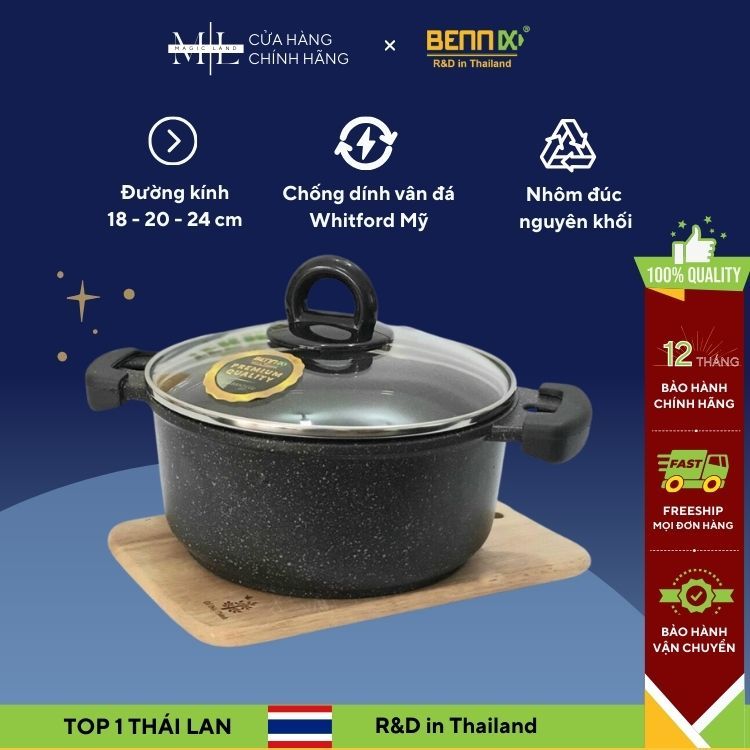 Nồi Đá Đúc Đáy Từ Bennix Terra Size 24cm, Nhôm Nguyên Khối Cao Cấp, Chống Dính 3 lớp, Tay Cầm Nhựa Không Cháy