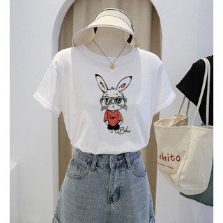 Áo thun nữ form vừa màu trắng, In hình THỎ TRẮNG, chất vải cotton 100% thoáng mát, co giãn 4 chiều, mềm mịn.