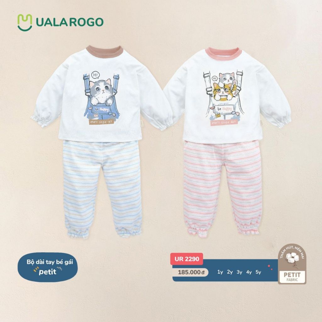 Bộ thu đông cho bé Ualarogo 1 - 5 tuổi vải Petit mềm mại dài tay bo ống co giãn thấm hút thoáng khí 2290