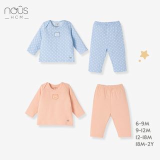 Bộ chui đầu dài Nous hai màu sắc thêu họa tiết dễ thương cho bé trai, bé gái từ 6-9 tháng đến 18-24 tháng