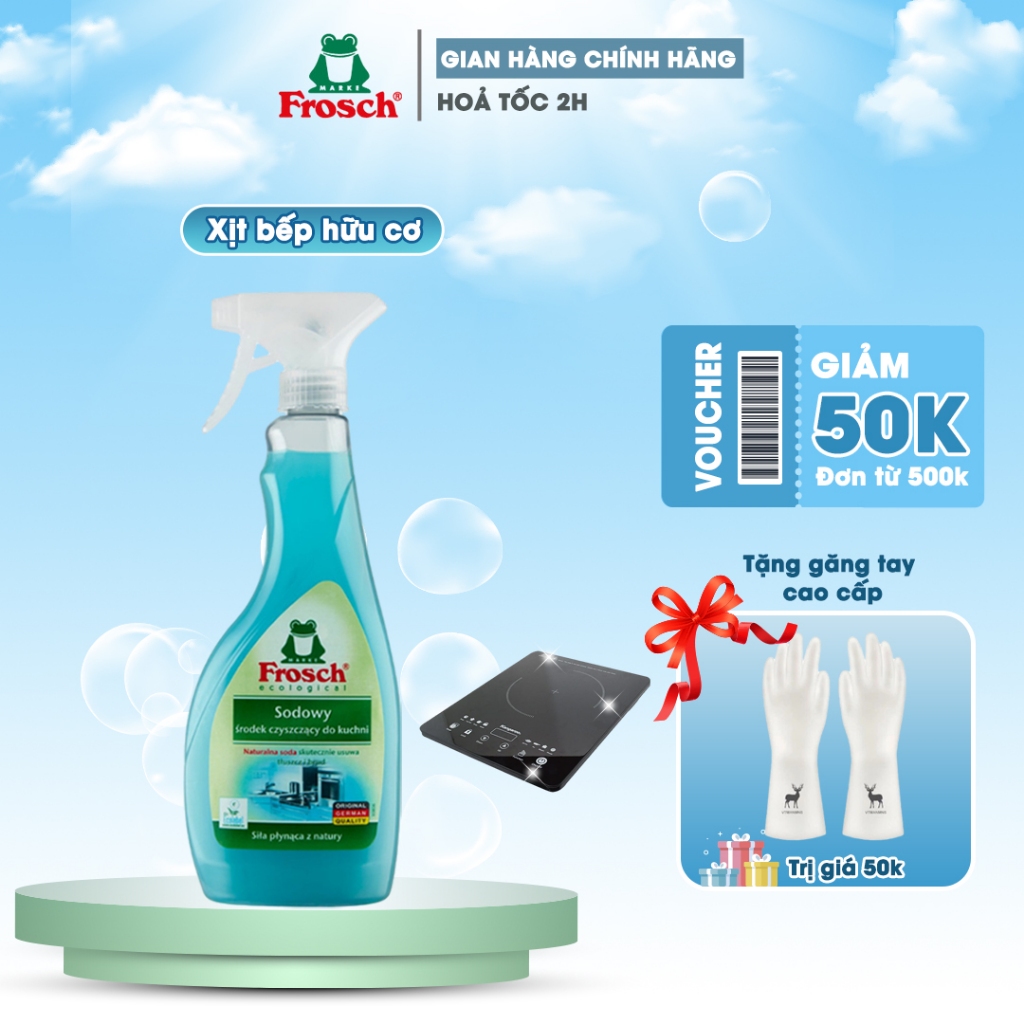 Xịt tẩy rửa bếp đa năng hữu cơ FROSCH hương Soda 500ml làm sạch mảng bám dầu mỡ, mảng bám và lưu mùi hương tươi mát