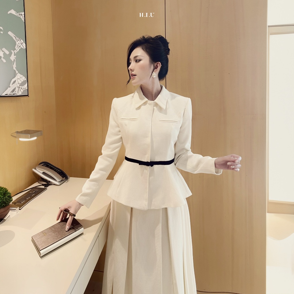 Áo kiểu nữ dạ dài tay cao cấp Jela top phối đai nơi H.I.U Fashion , tweed vân hàn sang trọng dày dặn HIU design