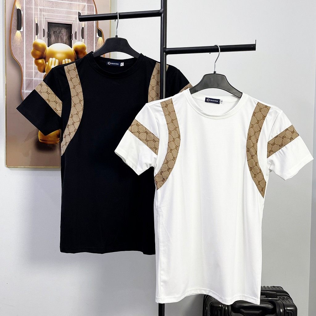 Áo thun nam cổ tròn, áo cổ tròn tay ngắn phối họa tiết nổi bông hoa, thời trang phong cách chất cotton thoáng mát