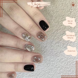 Móng tay giả form hàn quốc vuông ngắn thiết kế nail box đính đá sang trọng đi tiệc mt025 tặng keo dán móng