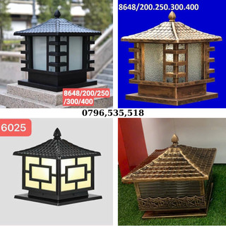 Đèn trụ cổng ngoài trời đèn cổng hợp kim mạ đồng kính thủy tinh kích thước 20cm, 25cm, 30cm, 40cm