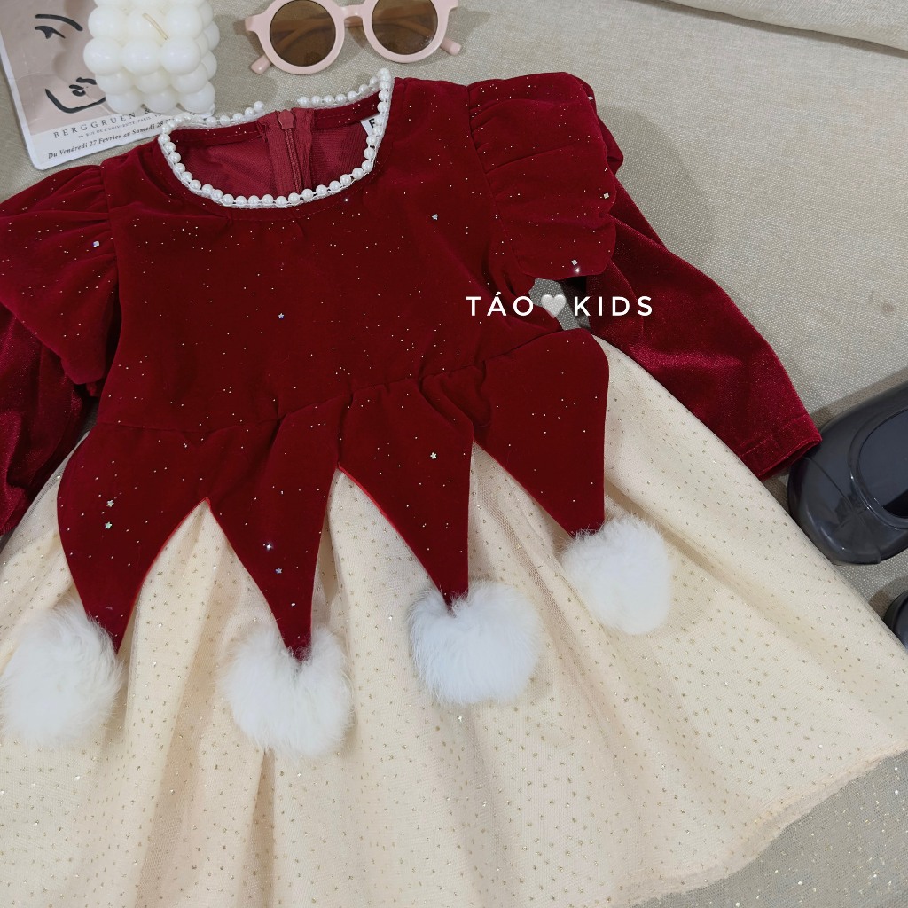 Váy Nhung Đỏ Công Chúa Cho Bé Gái WOWKIDS Chất Kim Tuyến Cho Bé Đi Chơi Noel, Diện Tết Từ 8-22kg