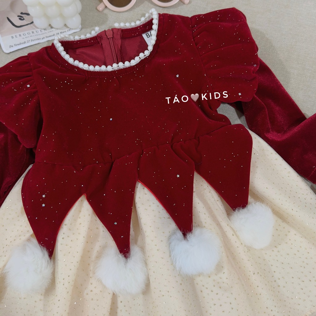 Váy Nhung Đỏ Công Chúa Cho Bé Gái WOWKIDS Chất Kim Tuyến Cho Bé Đi Chơi Noel, Diện Tết Từ 8-22kg