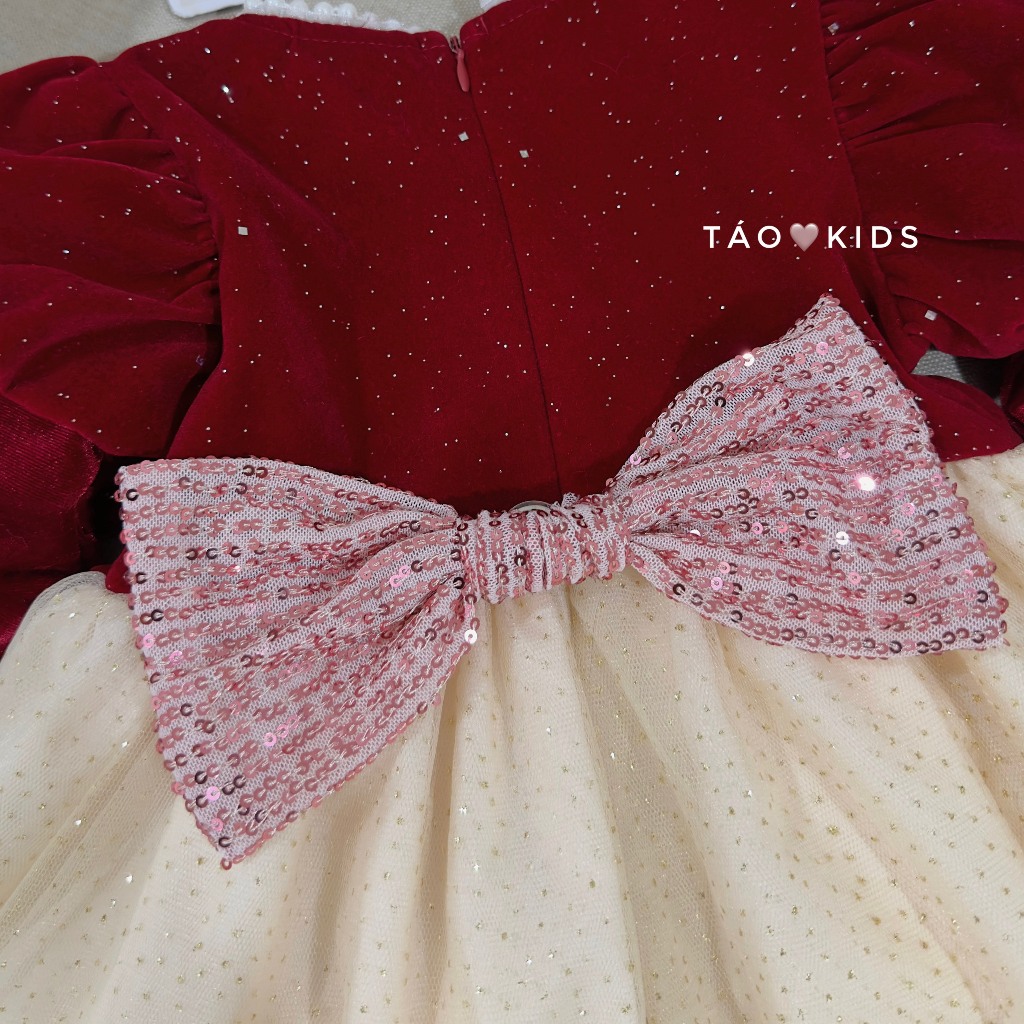 Váy Nhung Đỏ Công Chúa Cho Bé Gái WOWKIDS Chất Kim Tuyến Cho Bé Đi Chơi Noel, Diện Tết Từ 8-22kg