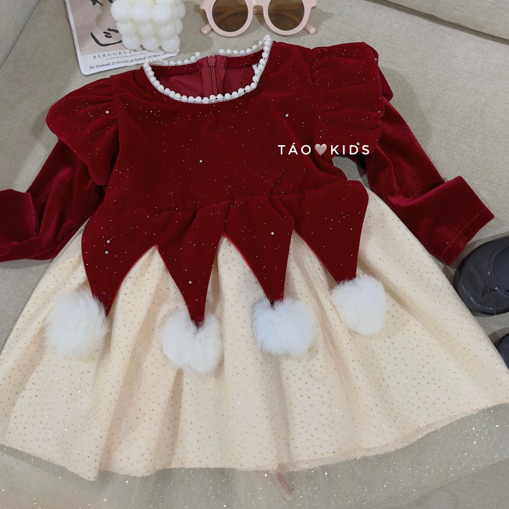 Váy Nhung Đỏ Công Chúa Cho Bé Gái WOWKIDS Chất Kim Tuyến Cho Bé Đi Chơi Noel, Diện Tết Từ 8-22kg