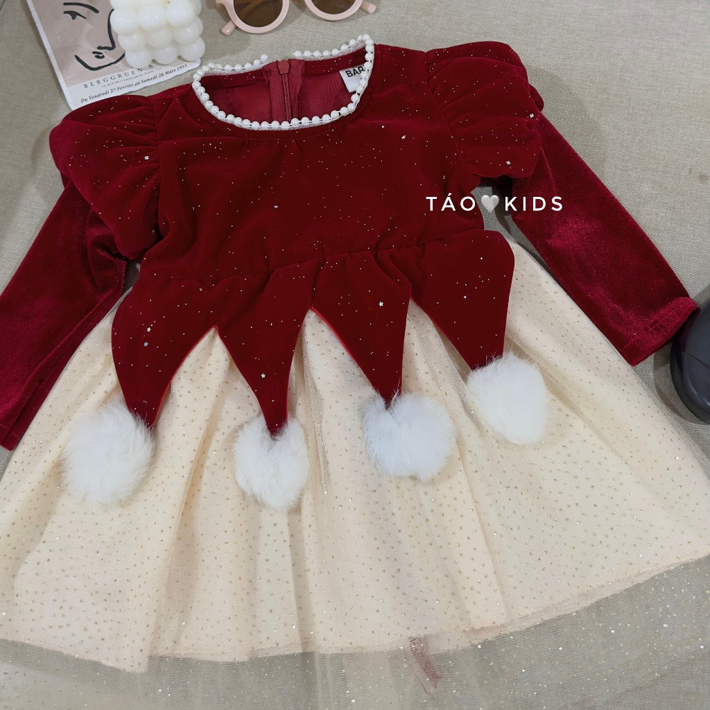 Váy Nhung Đỏ Công Chúa Cho Bé Gái WOWKIDS Chất Kim Tuyến Cho Bé Đi Chơi Noel, Diện Tết Từ 8-22kg