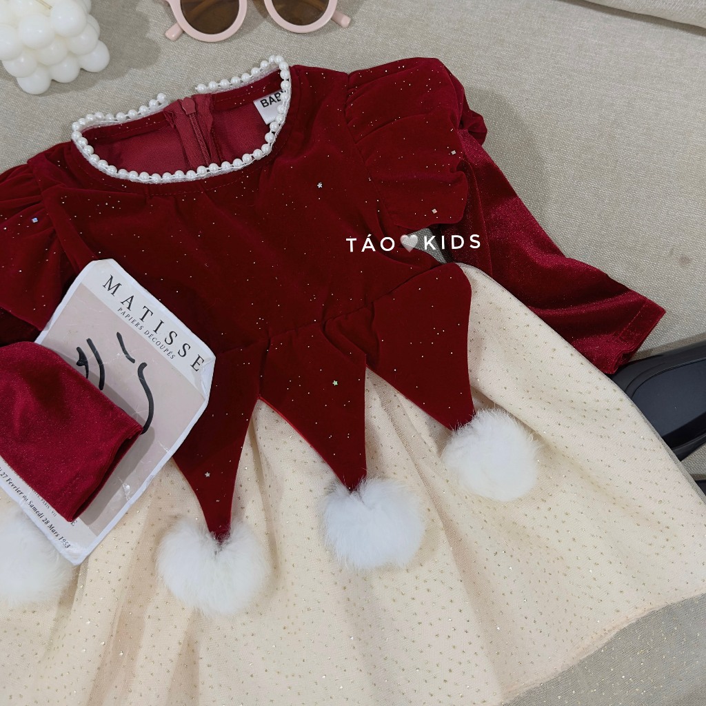 Váy Nhung Đỏ Công Chúa Cho Bé Gái WOWKIDS Chất Kim Tuyến Cho Bé Đi Chơi Noel, Diện Tết Từ 8-22kg