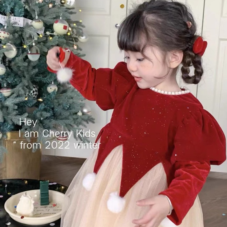 Váy Nhung Đỏ Công Chúa Cho Bé Gái WOWKIDS Chất Kim Tuyến Cho Bé Đi Chơi Noel, Diện Tết Từ 8-22kg