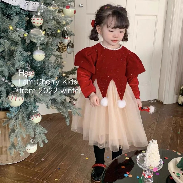 Váy Nhung Đỏ Công Chúa Cho Bé Gái WOWKIDS Chất Kim Tuyến Cho Bé Đi Chơi Noel, Diện Tết Từ 8-22kg