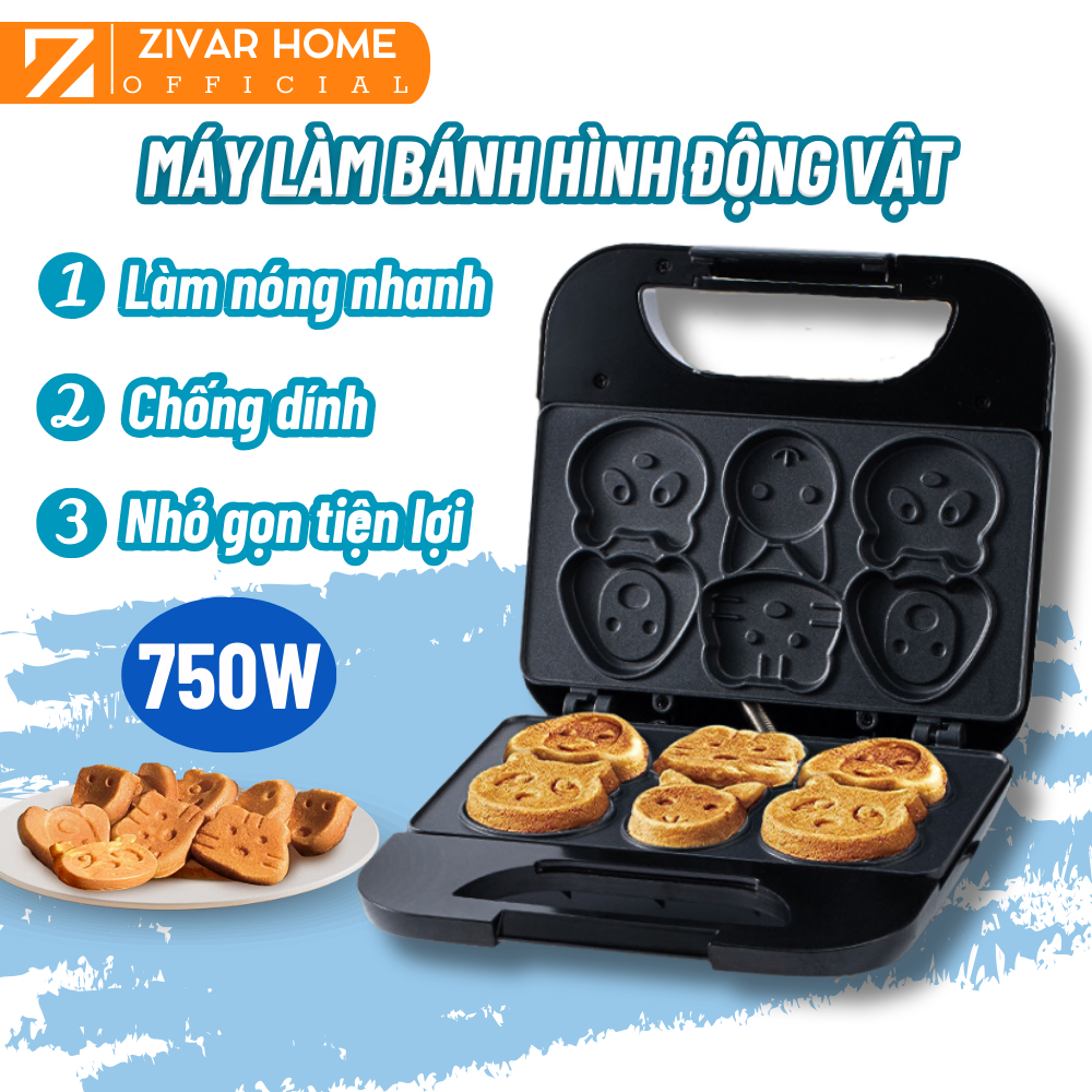 Máy làm bánh khuôn 6 hình động vật, máy nướng bánh hình thú chống dính, làm bữa sáng cho bé hình thù đáng yêu