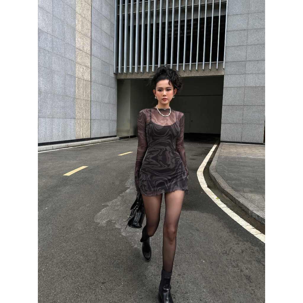 Đầm Nữ Ngắn Silk Through, Chất Vải Thun lưới in patternn Thoải Mái, WDN060-04,SOMEHOW