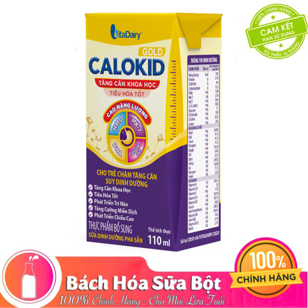 1 Lốc/ 4 Hộp Sữa Nước Vitadairy Calokid Gold 110ml giúp bé tăng cân khoa học, tiêu hóa tốt