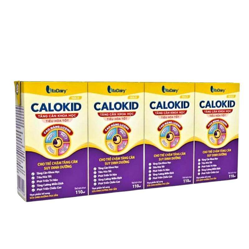 1 Lốc/ 4 Hộp Sữa Nước Vitadairy Calokid Gold 110ml giúp bé tăng cân khoa học, tiêu hóa tốt