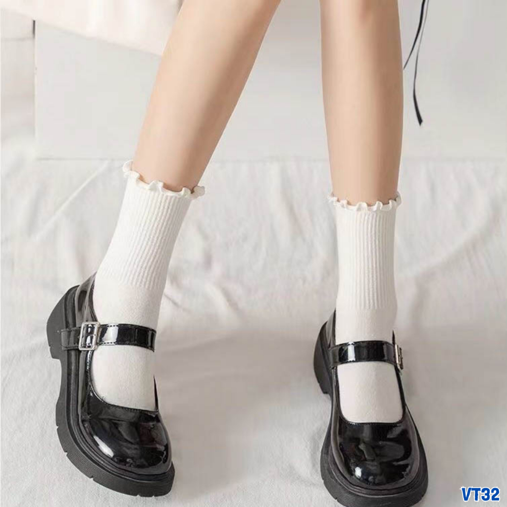 Tất Vớ Trơn Cổ Cao Sét 5 Đôi Tất Chân Nữ Cổ Bèo Nhún Màu Trơn Basic Chất Cotton Co Giãn VT32 - Happy Style