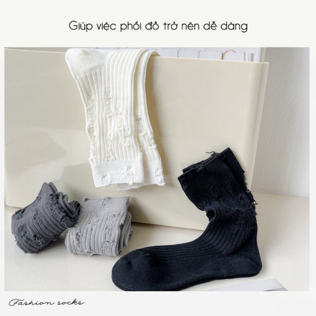 Tất Vớ Trơn Cổ Cao Sét 5 Đôi Tất Nam Nữ Phối Cổ Rách Cá Tính Chất Cotton Co Giãn VT35 - Happy Style