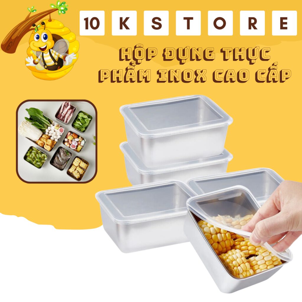 Hộp đựng thực phẩm tủ lạnh, set 5 hộp đựng bảo quản thực phẩm kèm nắp nhựa chất liệu inox 304 dùng được cho lò vi sóng