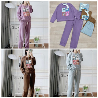 Bộ nỉ nữ hai da 3 màu in hình cô gái cute.