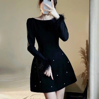 Váy đen dự tiệc đính ngọc tay lông