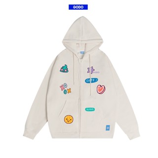 Áo Hoodie Zip GODO, Áo Khoác nỉ dây kéo Sweet Icon - Cream