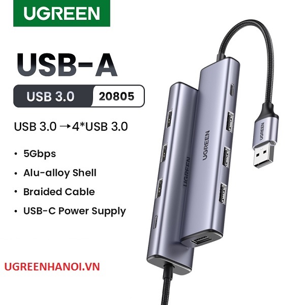 Hub chia USB 3.0 ra 4 cổng USB 3.0 tốc độ 5Gbps dây bọc dù vỏ nhôm Ugreen 20805