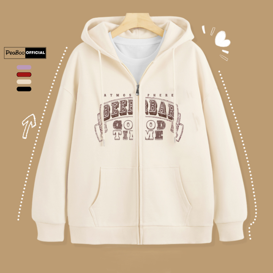 Áo Hoodie Zip, Áo Khoác Nam Nữ Unisex By PEABOO Mã BEERBAR01 Chất Nỉ Bông Form Rộng Mũ 2 Lớp