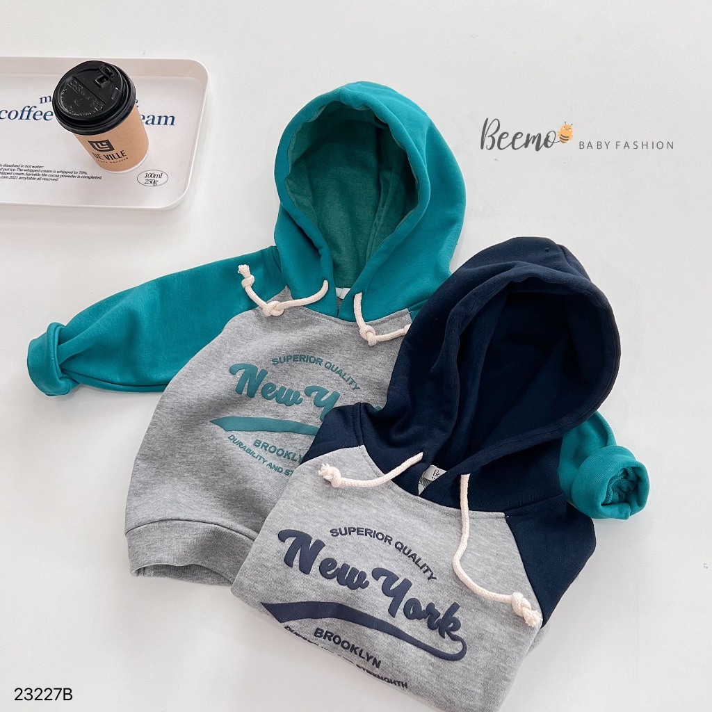 Bộ hoddie phối tay in chữ, bộ nỉ thu đông dài tay da cá kèm mũ unisex cho bé Beemo