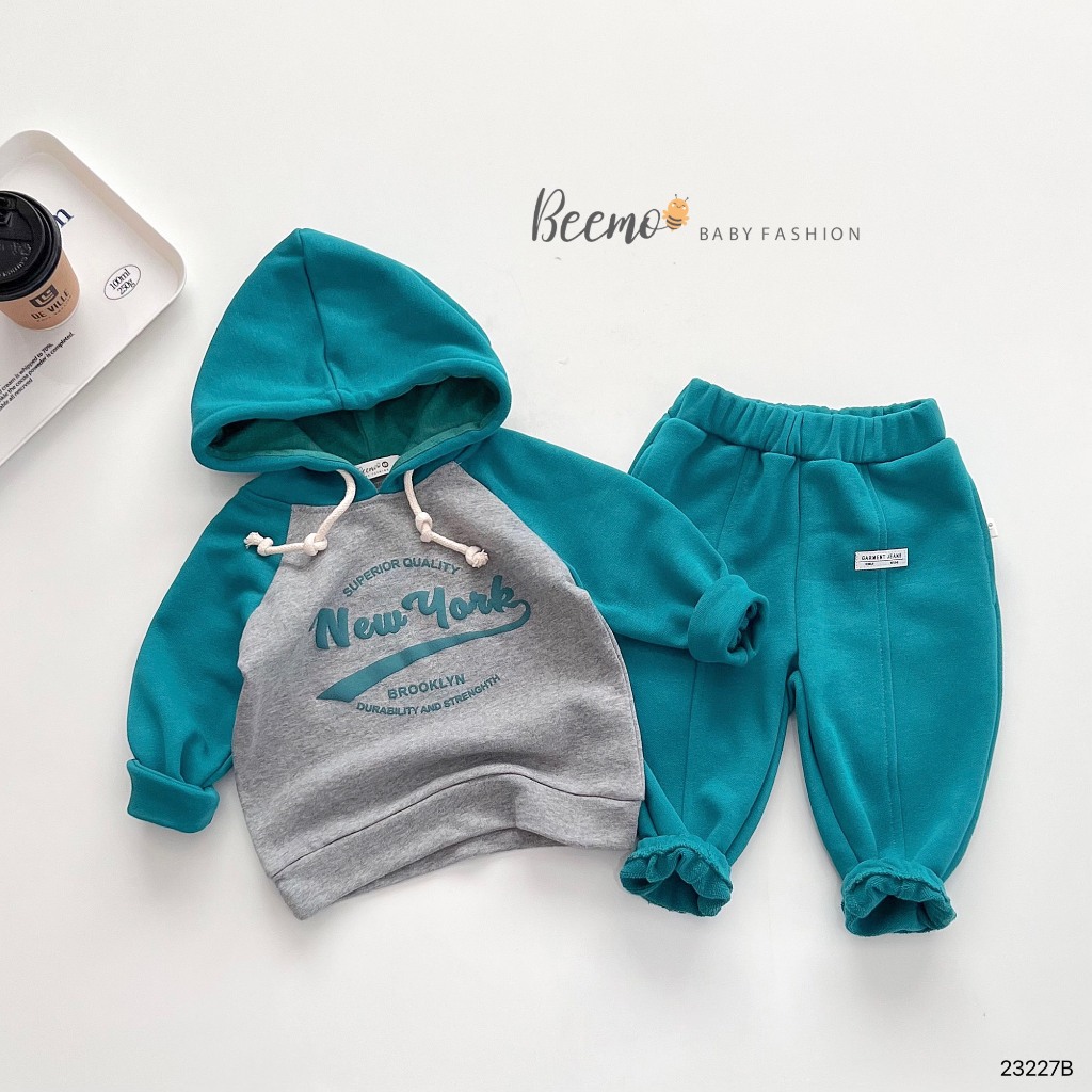 Bộ hoddie phối tay in chữ, bộ nỉ thu đông dài tay da cá kèm mũ unisex cho bé Beemo