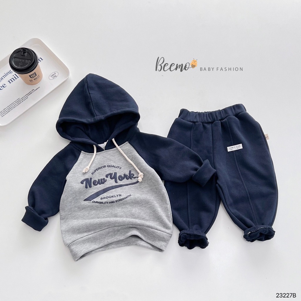 Bộ hoddie phối tay in chữ, bộ nỉ thu đông dài tay da cá kèm mũ unisex cho bé Beemo