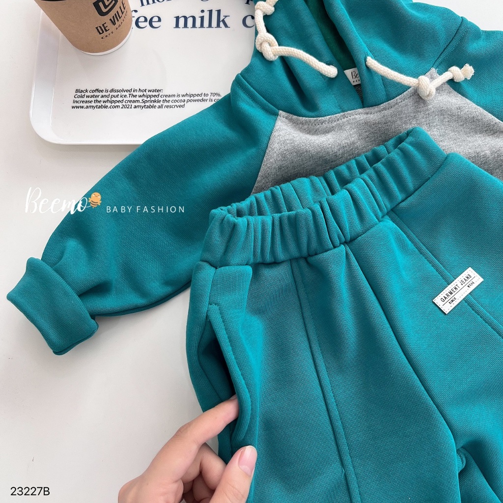 Bộ hoddie phối tay in chữ, bộ nỉ thu đông dài tay da cá kèm mũ unisex cho bé Beemo