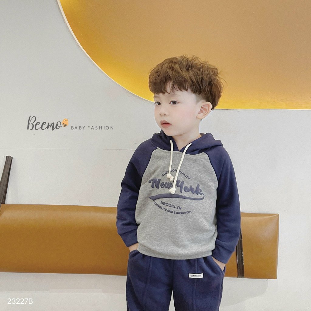Bộ hoddie phối tay in chữ, bộ nỉ thu đông dài tay da cá kèm mũ unisex cho bé Beemo