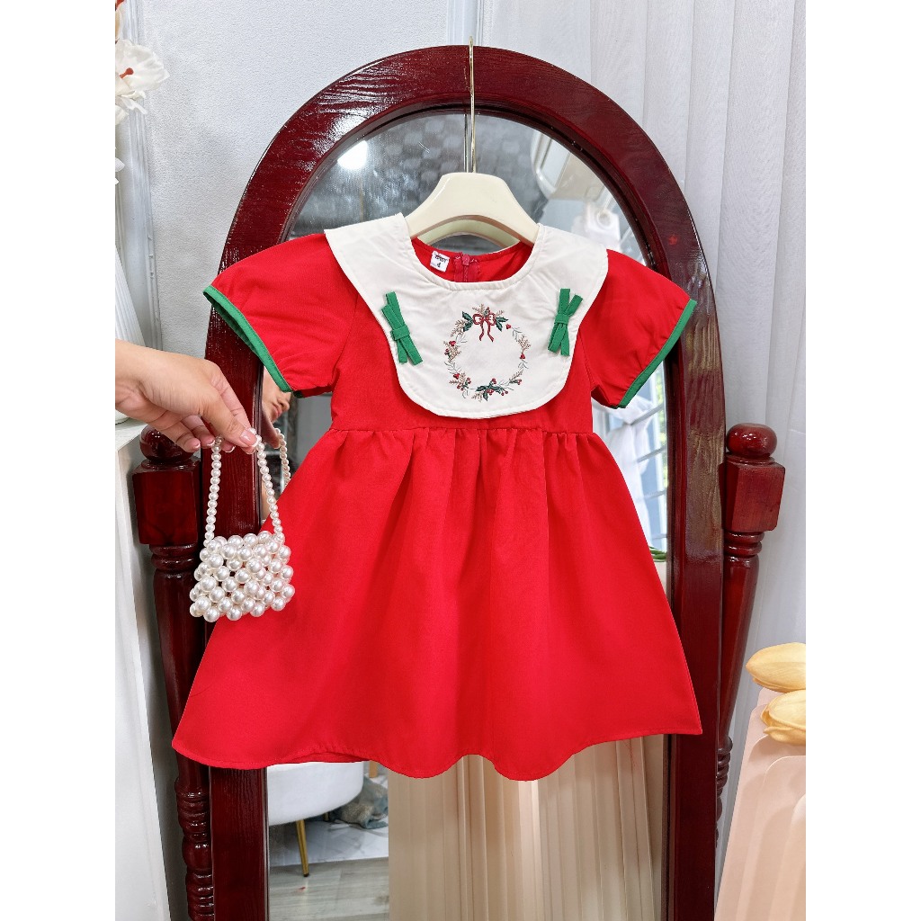 Váy babydoll đính nơ thêu họa tiết noel xinh cho bé gái