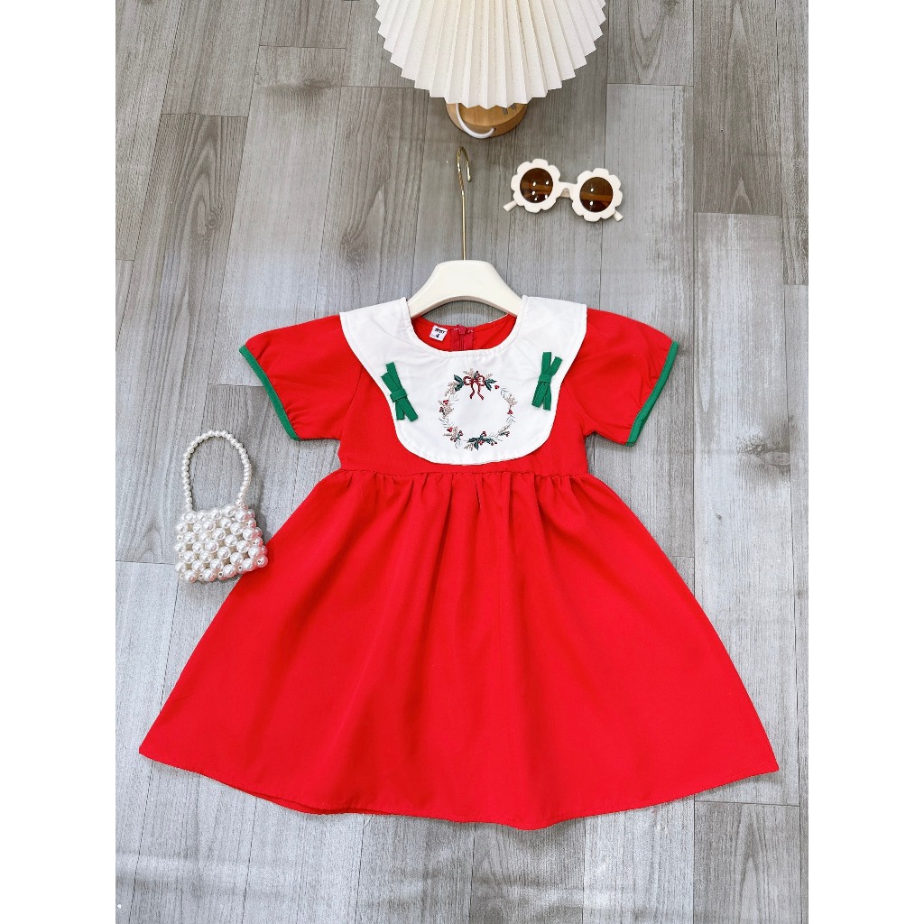 Váy babydoll đính nơ thêu họa tiết noel xinh cho bé gái
