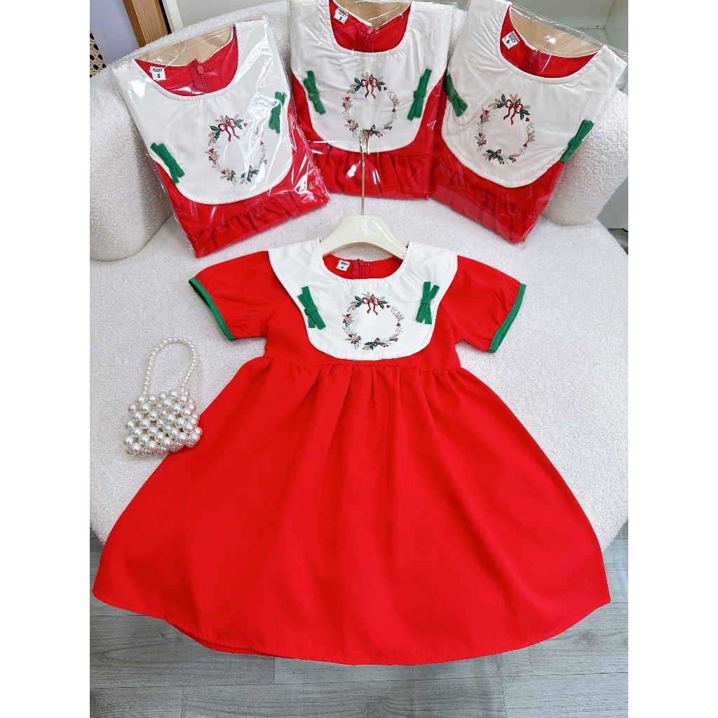 Váy babydoll đính nơ thêu họa tiết noel xinh cho bé gái