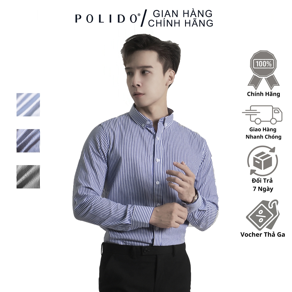 Áo Sơ Mi Nam Cotton Kẻ Sọc Polido Chất Thoáng Mát Co Giãn Form Slimft Thấm Hút Mồ Hôi Thời Trang Nam Công Sở Hiện Đại