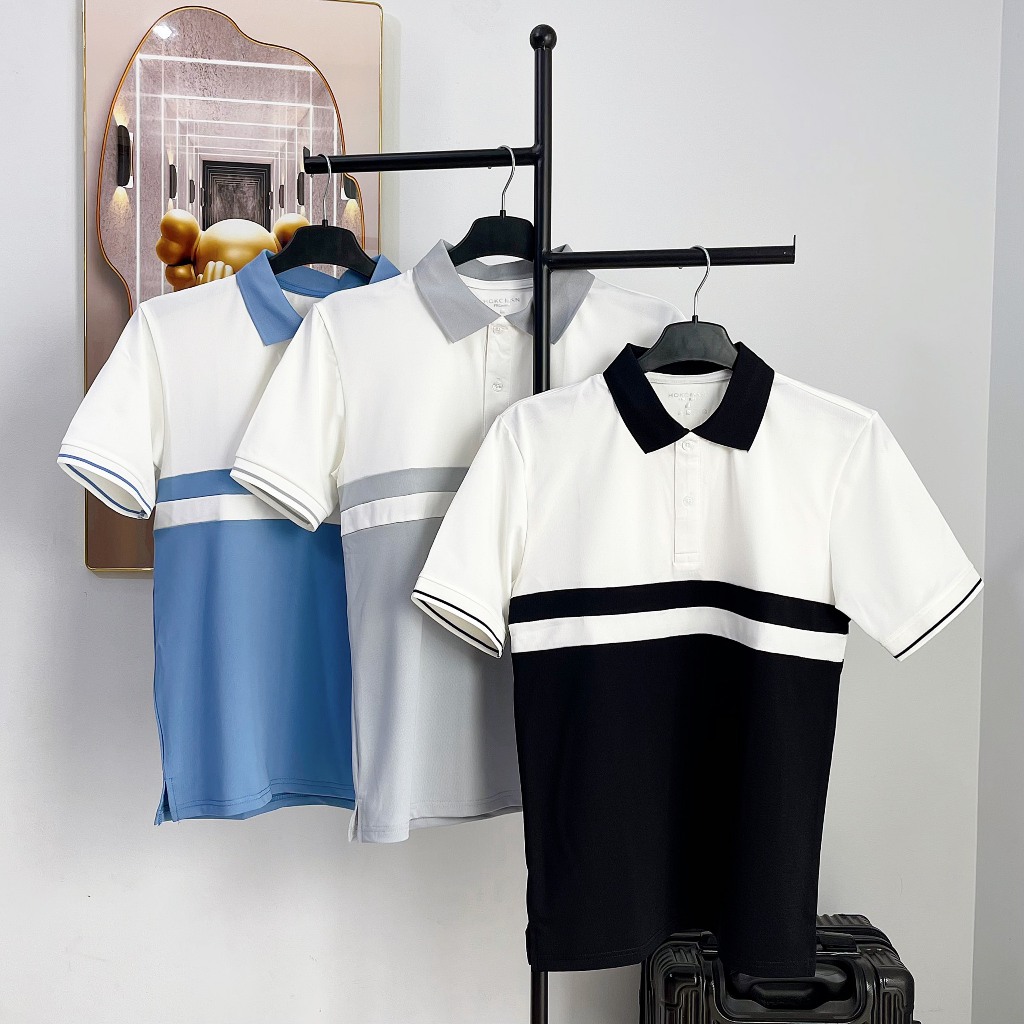 Áo polo nam , áo thun polo nam tay ngắn phối raglan tay, ngực thêu họa tiết hươu, chất vải poly cá sấu thoáng mát