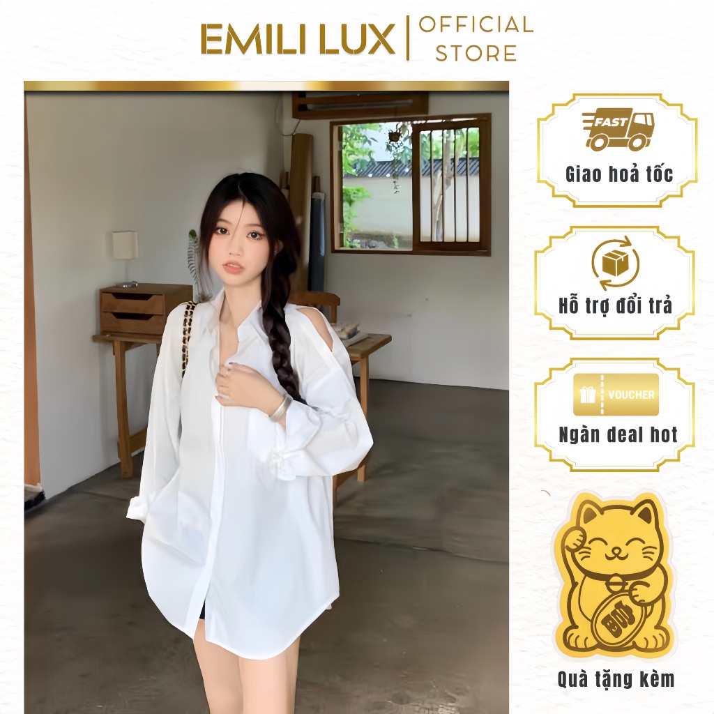 Áo sơ mi kiểu nữ Emili dài tay khoét vai, áo sơ mi nữ dáng rộng cá tính chất thô nến [A20]